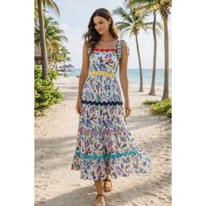 Eterna Los Angeles Satin Floral Tiered Maxi Dress Ric Rac Trim White S